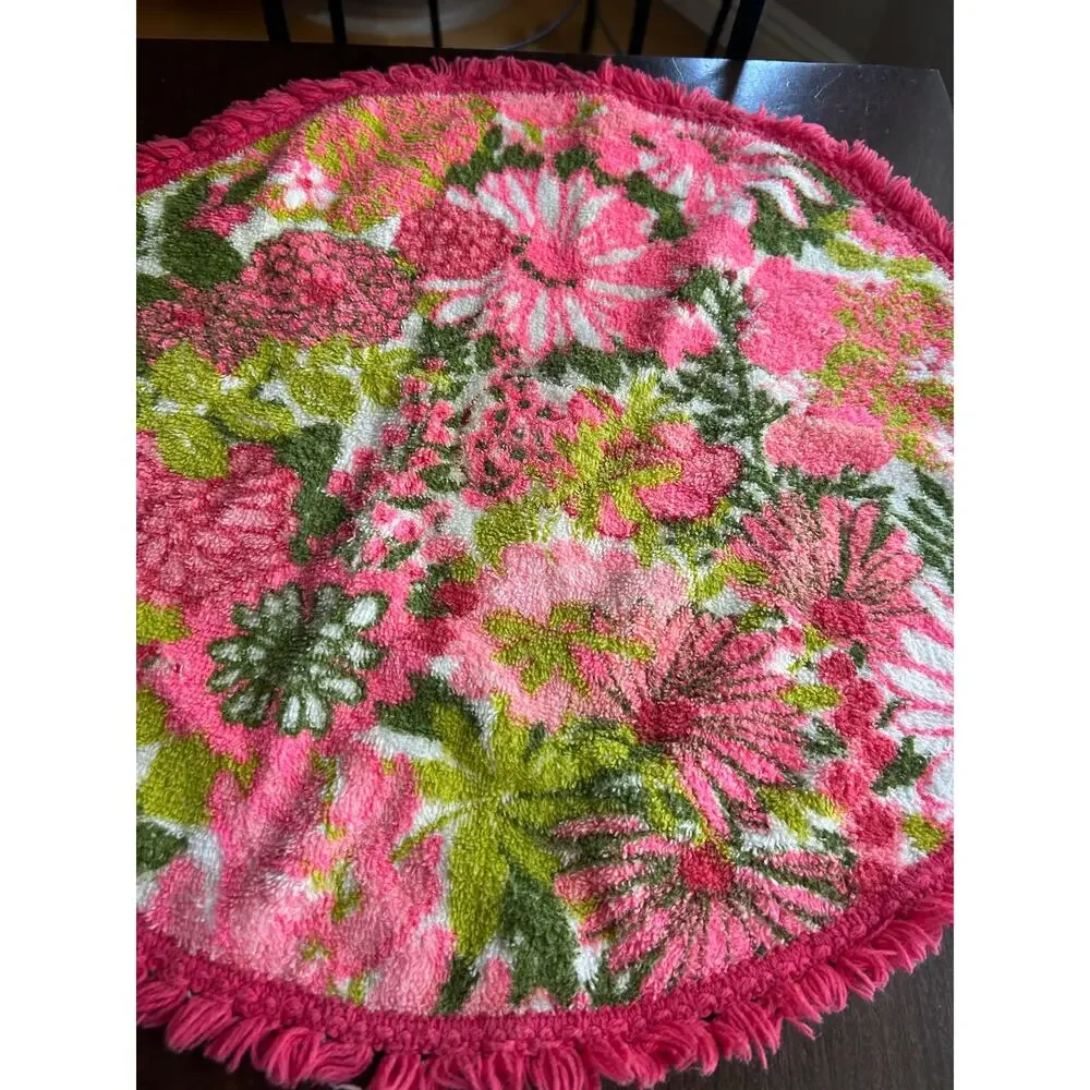 Vintage round hand towel vibrant pink fringed MOD flower power